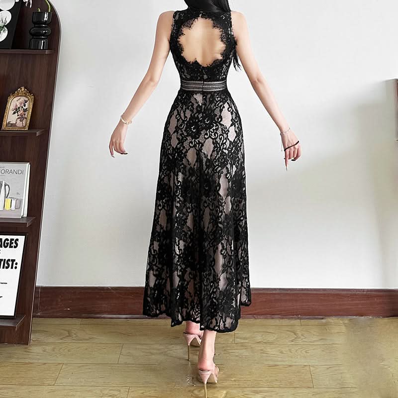 Lace slit zip-up irregular crewneck midi dress  | Festival Outfits Women-final-sale