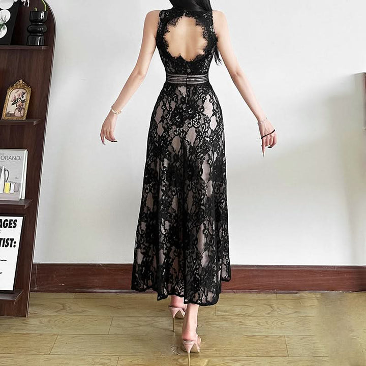 Lace slit zip-up irregular crewneck midi dress  | Festival Outfits Women-final-sale