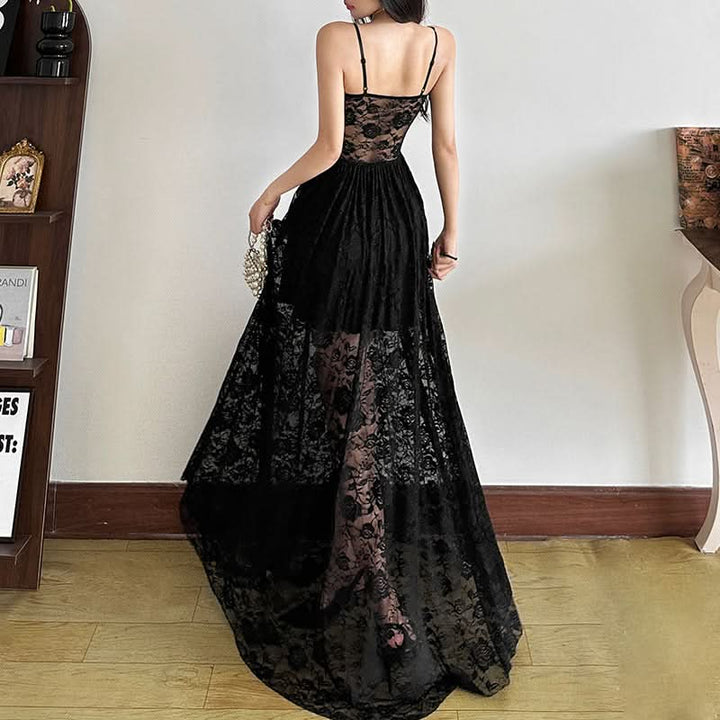Lace ruffle v neck backless cami maxi dress  | Festival Outfits Women-final-sale