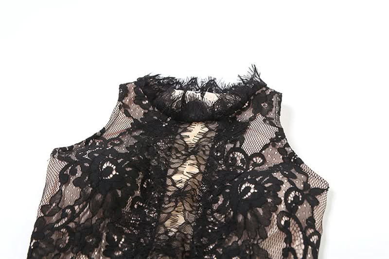 Lace slit zip-up irregular crewneck midi dress  | Festival Outfits Women-final-sale