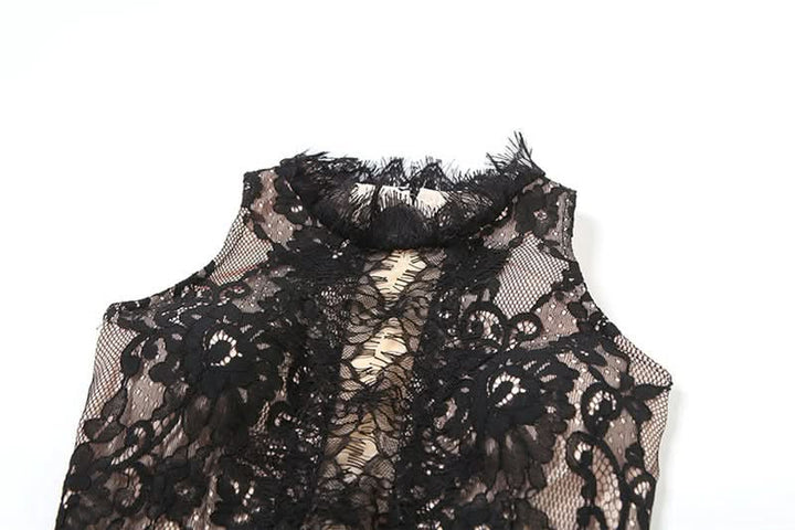 Lace slit zip-up irregular crewneck midi dress  | Festival Outfits Women-final-sale