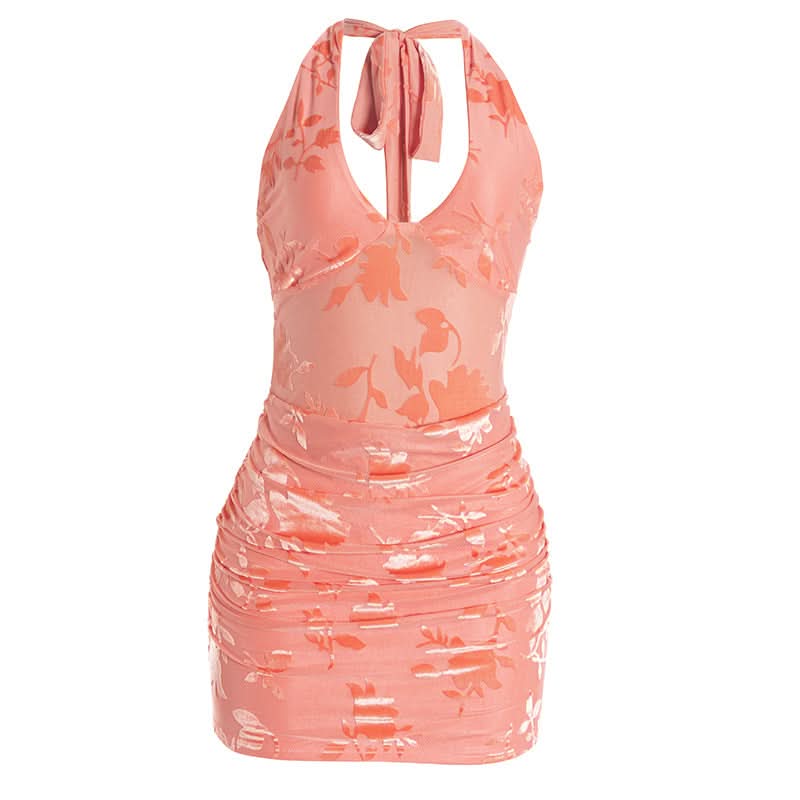 V neck halter self tie print ruched mini dress  | Festival Outfits Women