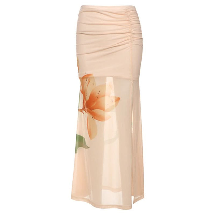 Slit ruched flower print mesh maxi skirt  | Festival Outfits Women