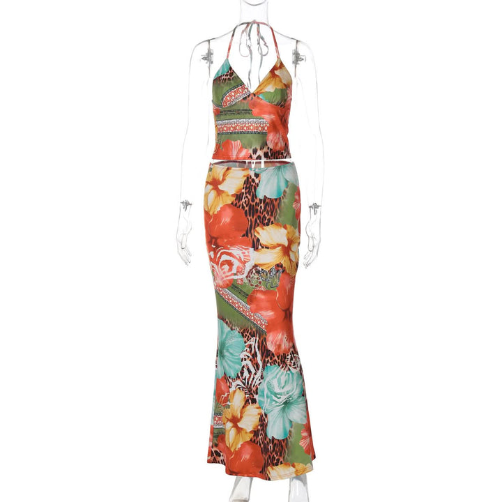 V neck self tie halter flower print maxi skirt set  | Festival Outfits Women