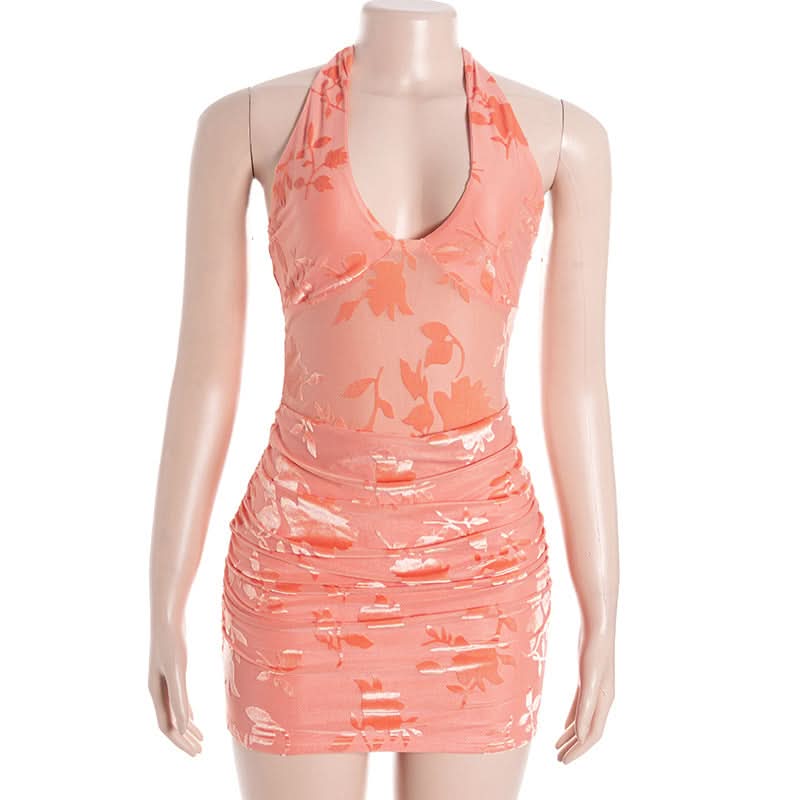 V neck halter self tie print ruched mini dress  | Festival Outfits Women