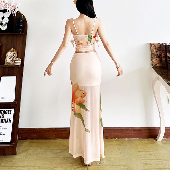 Slit ruched flower print mesh maxi skirt  | Festival Outfits Women