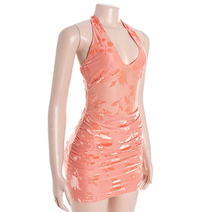 V neck halter self tie print ruched mini dress  | Festival Outfits Women
