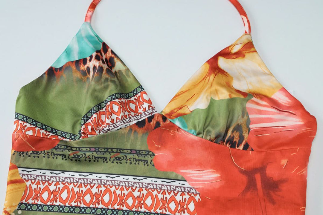 V neck self tie halter flower print maxi skirt set  | Festival Outfits Women