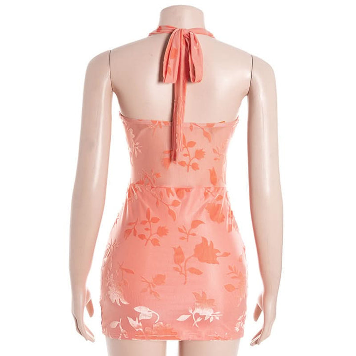 V neck halter self tie print ruched mini dress  | Festival Outfits Women