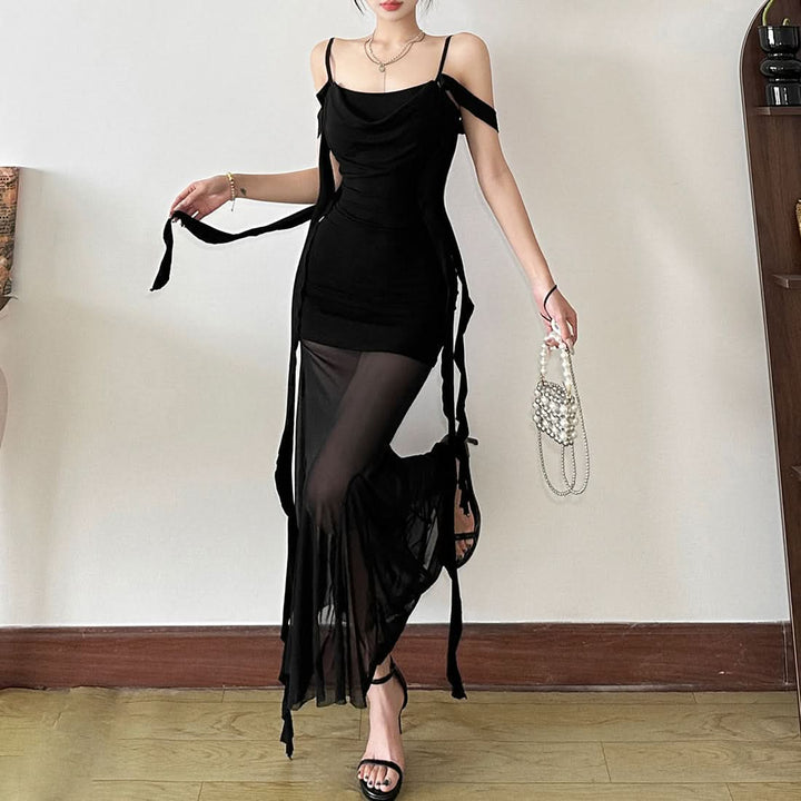 Mesh irregular backless cami maxi dress  | Festival Outfits Women