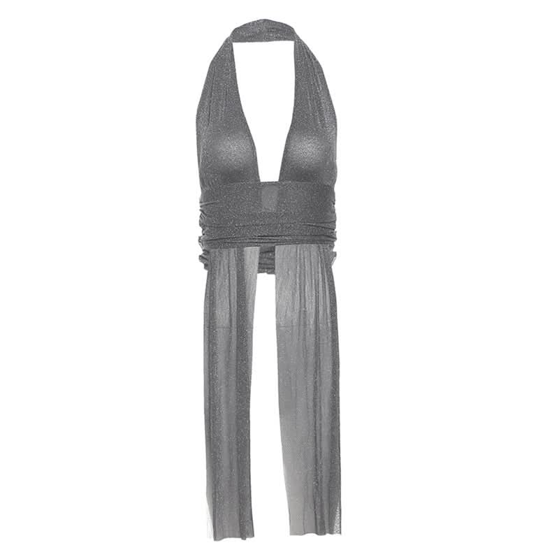 Halter ruched v neck solid backless top-final-sale