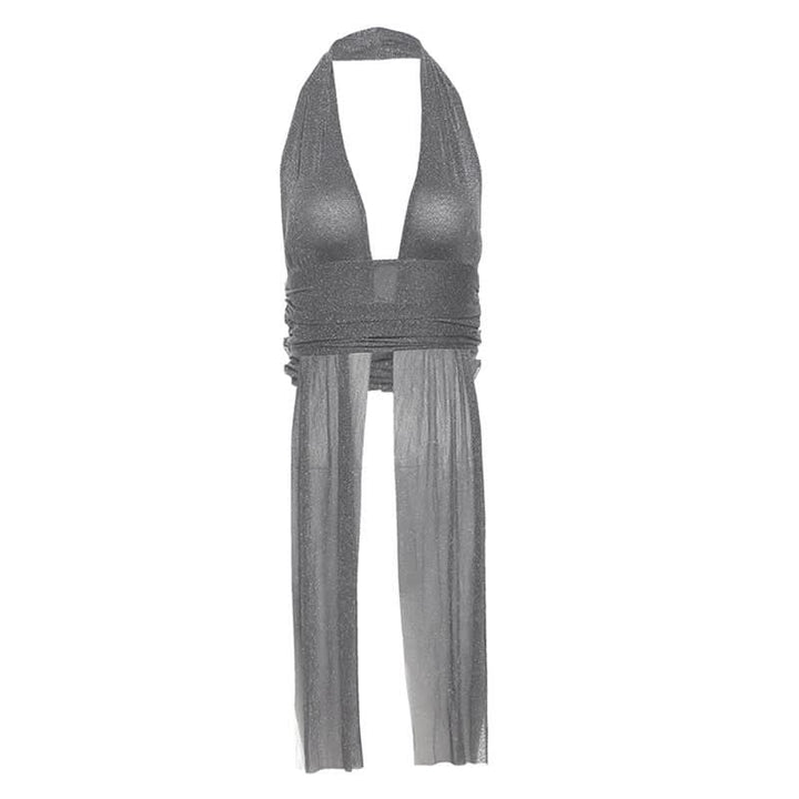Halter ruched v neck solid backless top-final-sale