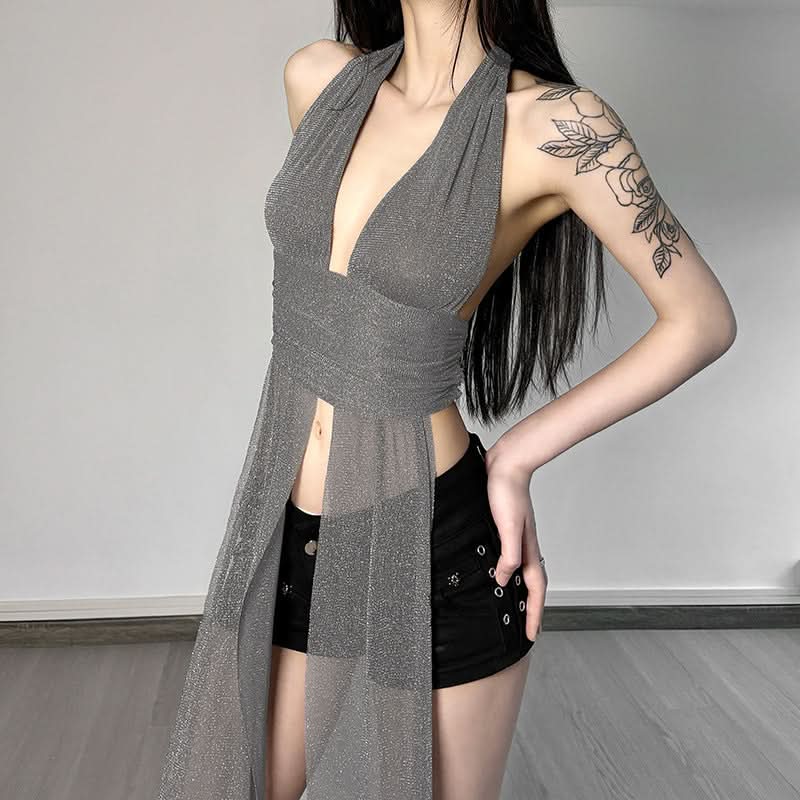 Halter ruched v neck solid backless top-final-sale