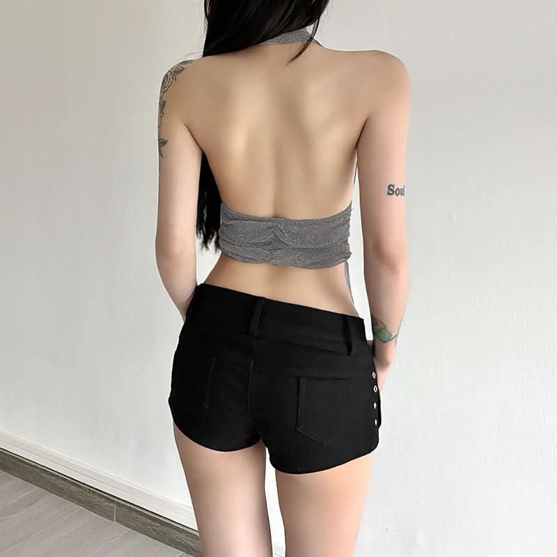 Halter ruched v neck solid backless top-final-sale