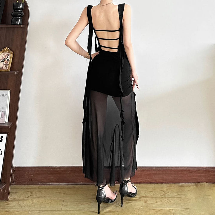 Mesh irregular backless cami maxi dress  | Festival Outfits Women