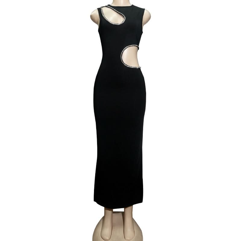 Beaded hollow out crewneck irregular cut out maxi dress  | Festival Outfits Women