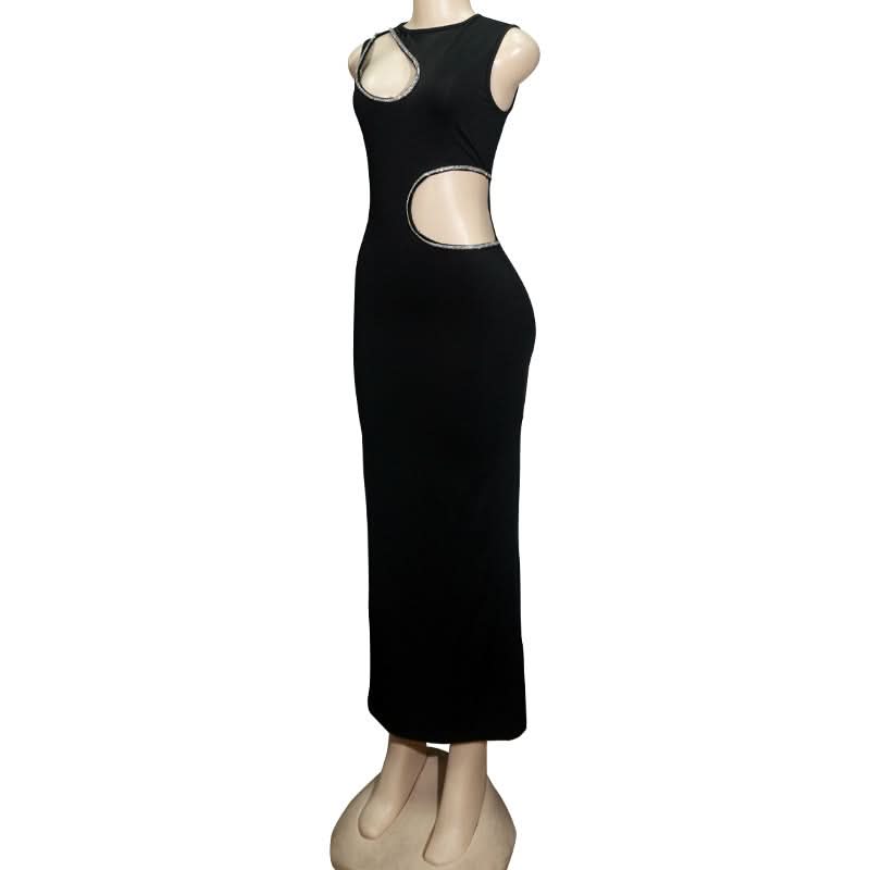 Beaded hollow out crewneck irregular cut out maxi dress  | Festival Outfits Women