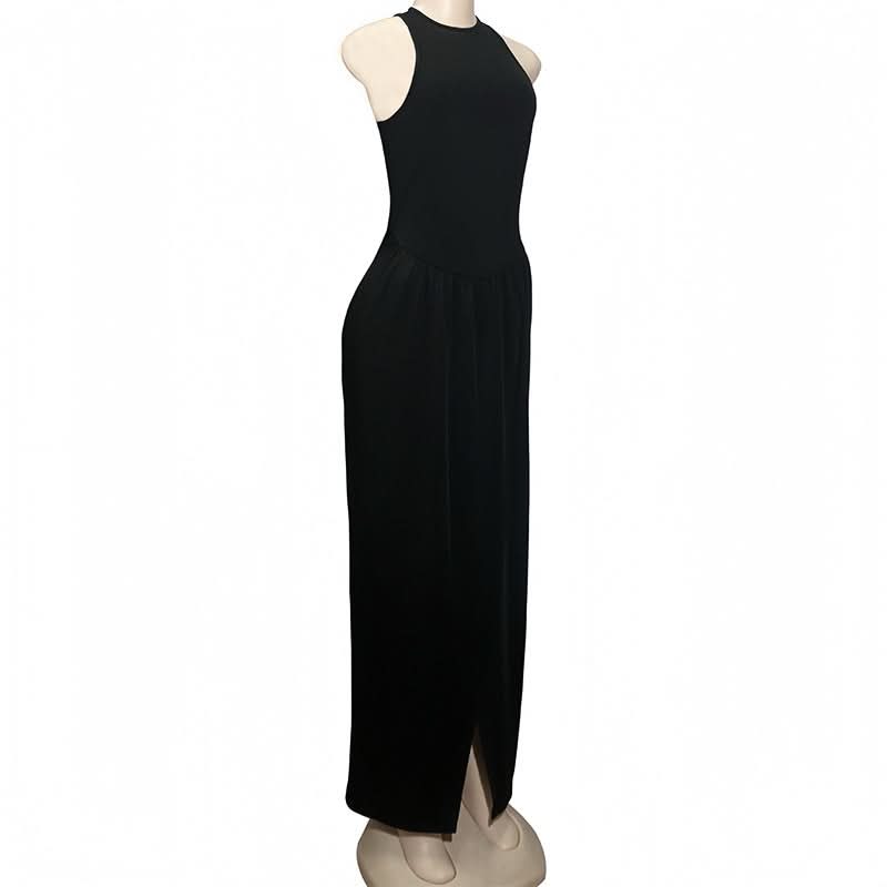 Crewneck slit sleeveless zip-up maxi dress  | Festival Outfits Women