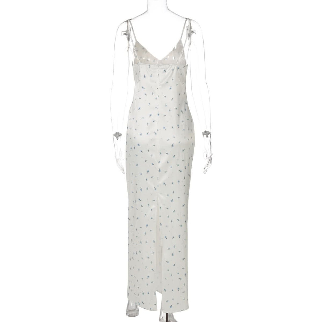 Slit v neck flower print zip-up cami maxi dress  | Festival Outfits Women