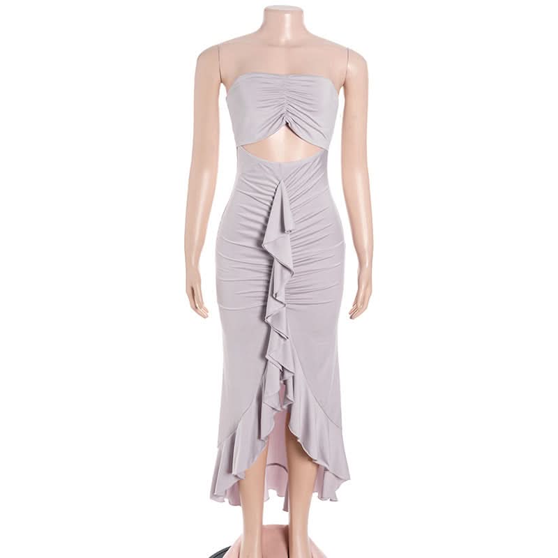 Hollow out ruched ruffle tube cut out maxi dress  | Festival Outfits Women