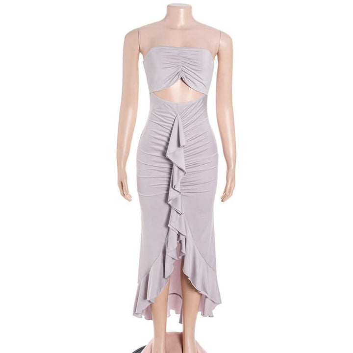 Hollow out ruched ruffle tube cut out maxi dress  | Festival Outfits Women