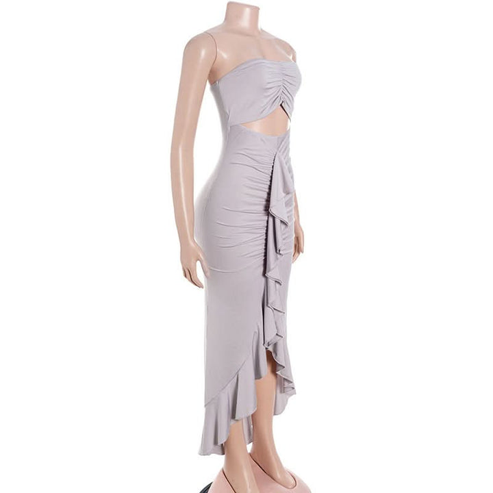 Hollow out ruched ruffle tube cut out maxi dress  | Festival Outfits Women