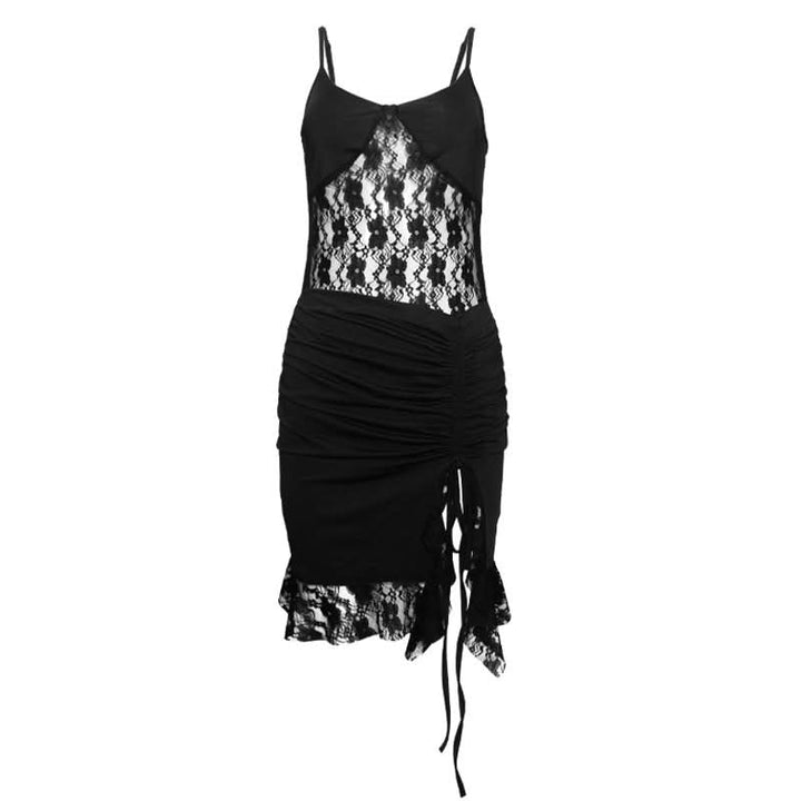Drawstring ruched lace u neck cami mini dress  | Festival Outfits Women