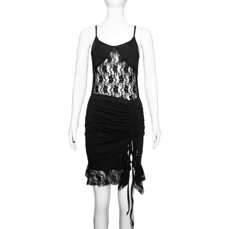 Drawstring ruched lace u neck cami mini dress  | Festival Outfits Women