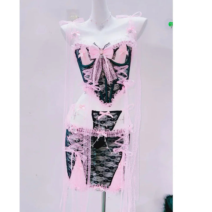 Lace bowknot ruffle backless cami mini skirt set  | Festival Outfits Women