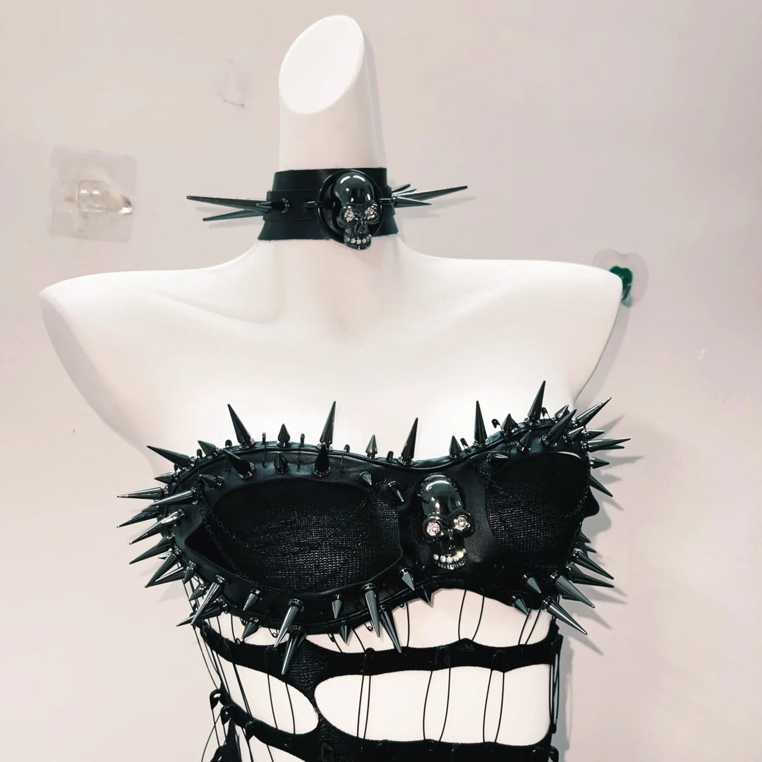 Rivet hollow out skull applique mini skirt set  | Festival Outfits Women