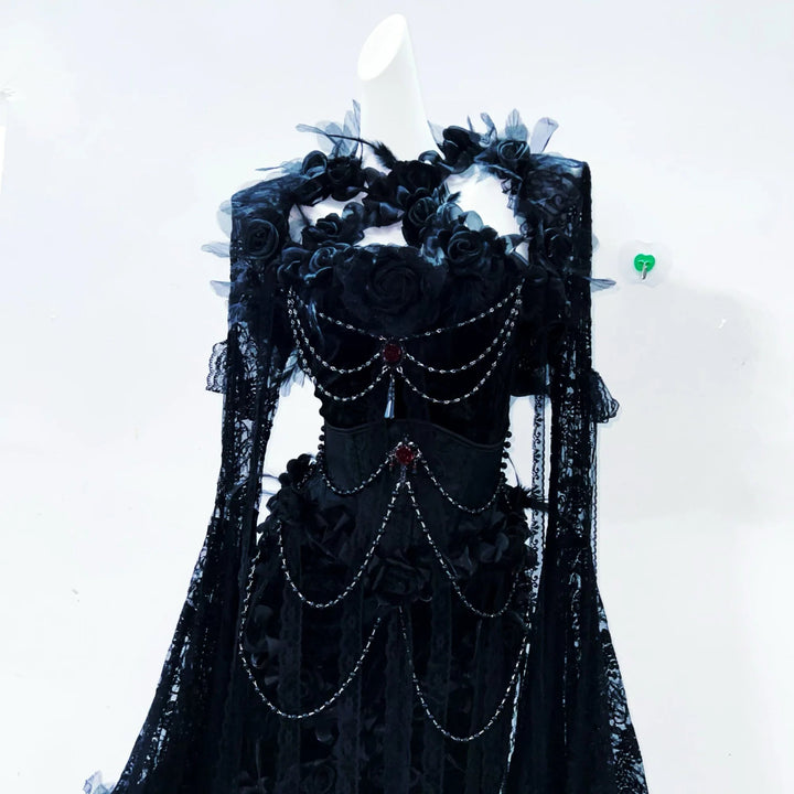 Long sleeve lace beaded flower applique corset maxi dress  | Festival Outfits Women