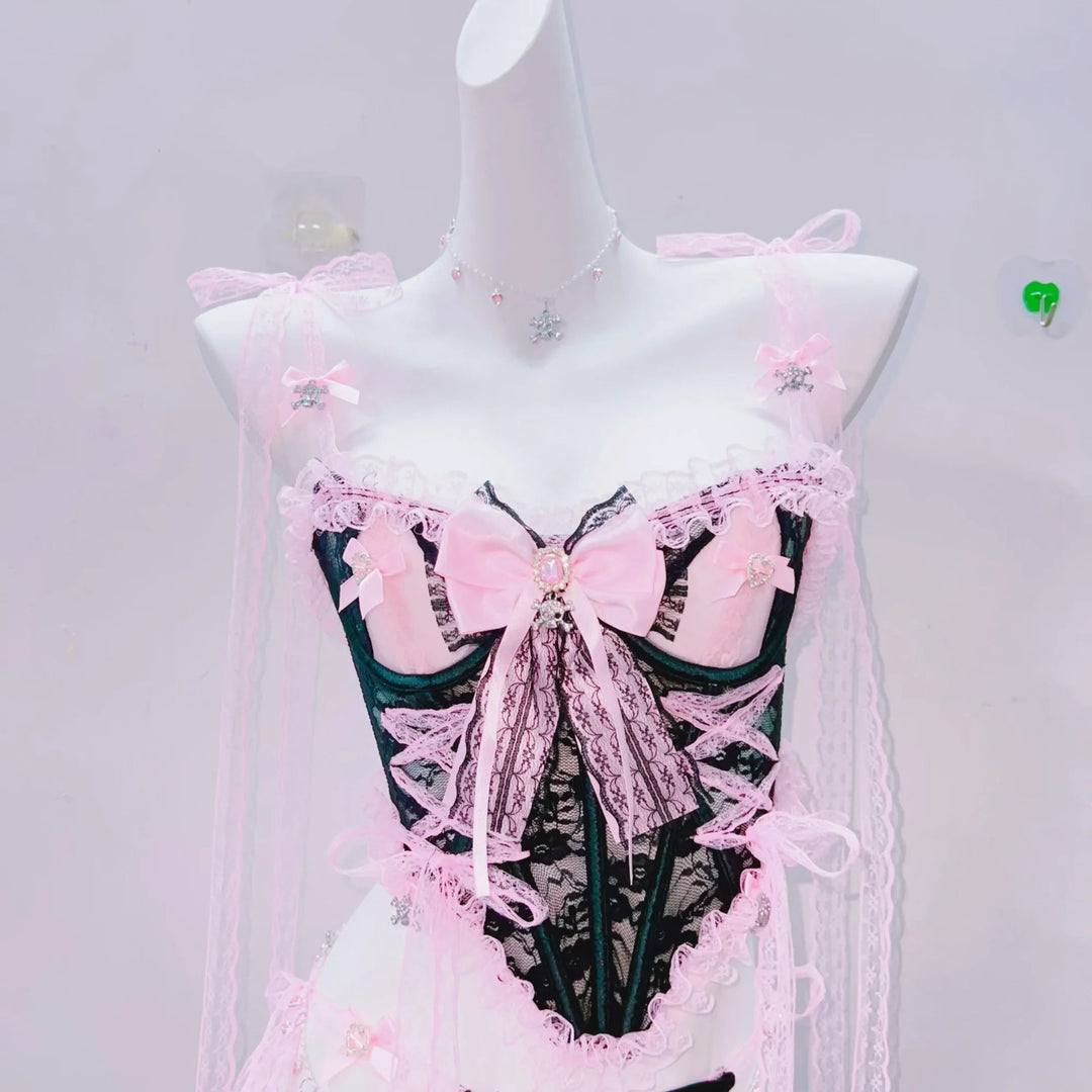 Lace bowknot ruffle backless cami mini skirt set  | Festival Outfits Women