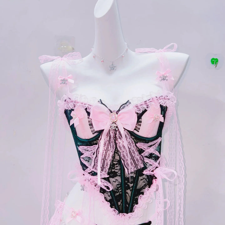 Lace bowknot ruffle backless cami mini skirt set  | Festival Outfits Women