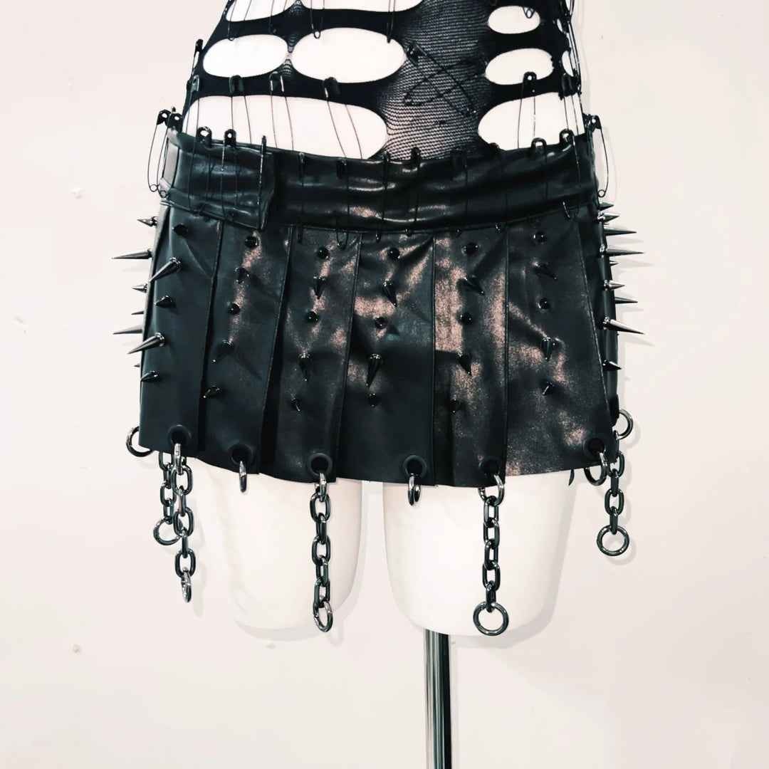 Rivet hollow out skull applique mini skirt set  | Festival Outfits Women