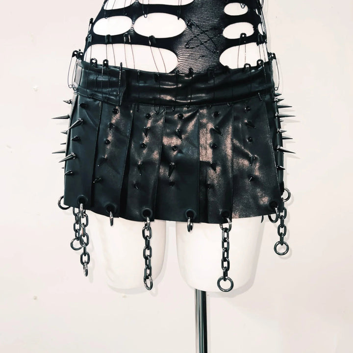 Rivet hollow out skull applique mini skirt set  | Festival Outfits Women