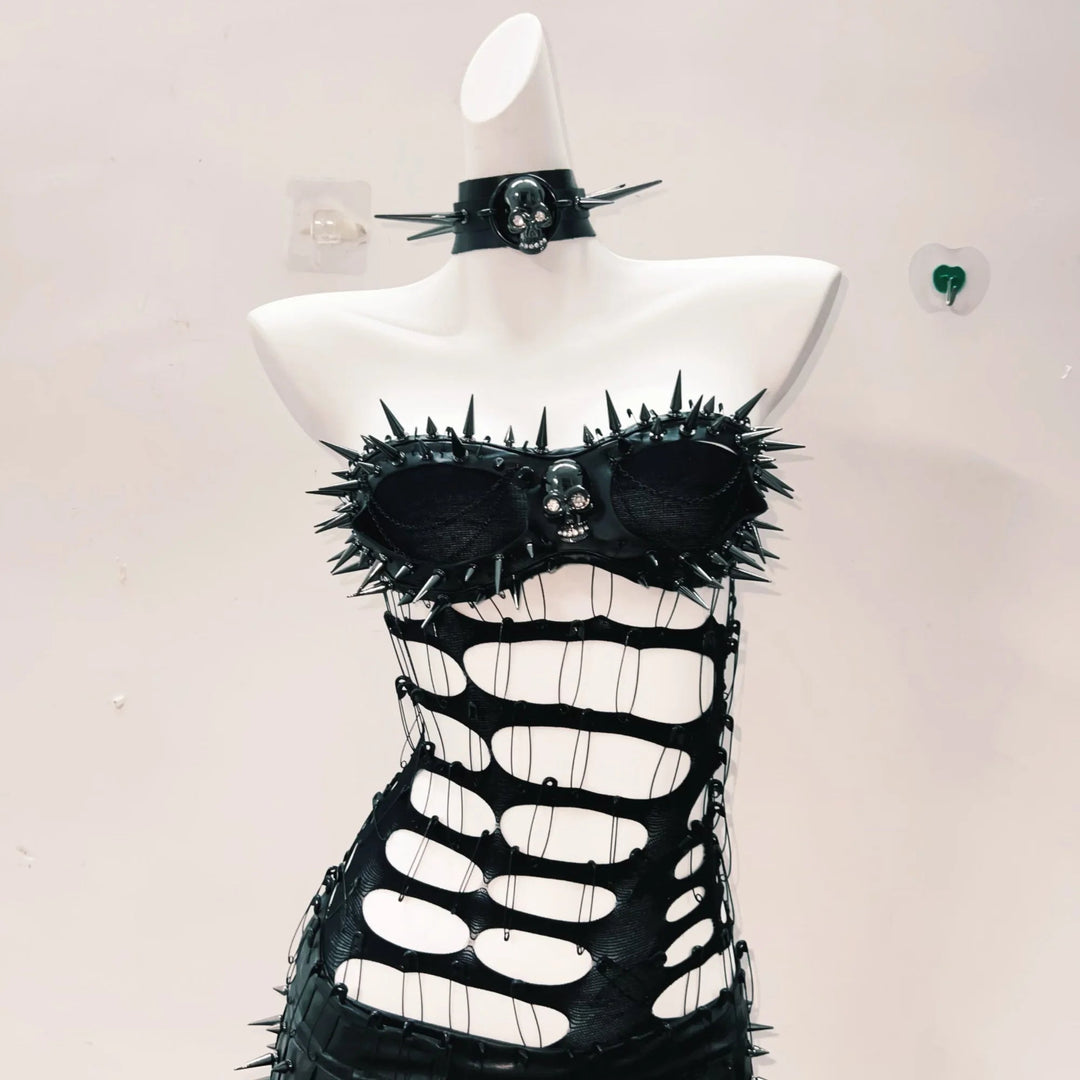 Rivet hollow out skull applique mini skirt set  | Festival Outfits Women
