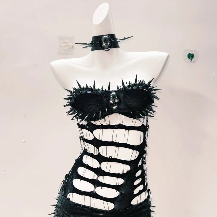 Rivet hollow out skull applique mini skirt set  | Festival Outfits Women