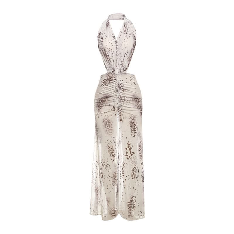 Ruched slit print halter mesh maxi dress  | Festival Outfits Women-final-sale