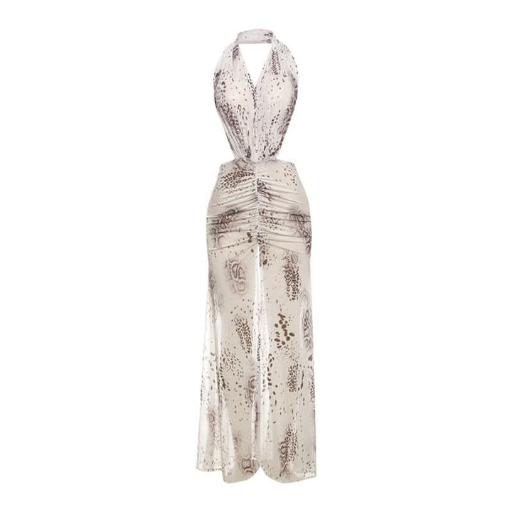 Ruched slit print halter mesh maxi dress  | Festival Outfits Women-final-sale