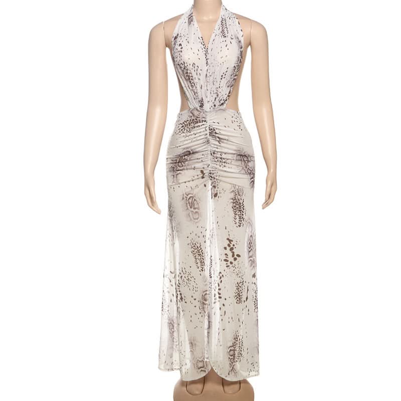 Ruched slit print halter mesh maxi dress  | Festival Outfits Women-final-sale