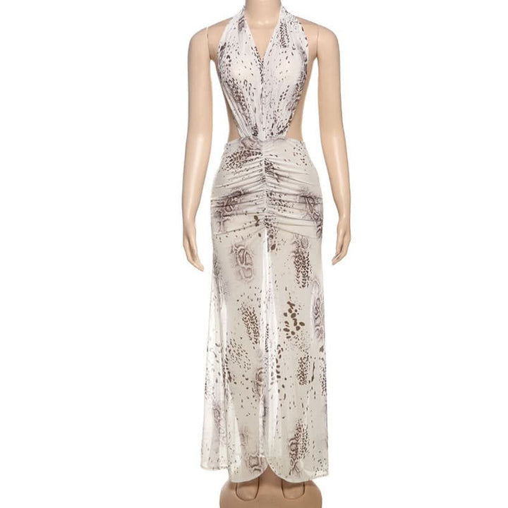Ruched slit print halter mesh maxi dress  | Festival Outfits Women-final-sale