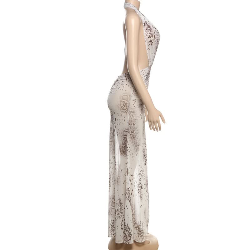 Ruched slit print halter mesh maxi dress  | Festival Outfits Women-final-sale