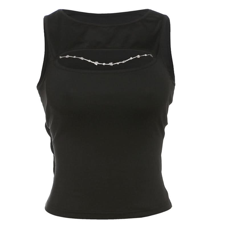 Crewneck hollow out metal chain solid cut out top  | Festival Outfits Women