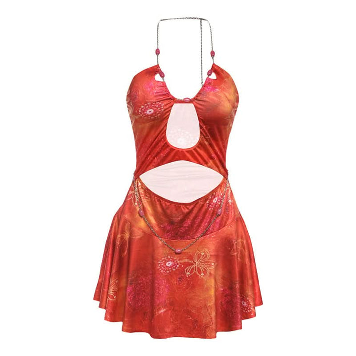 Metal chain halter hollow out print cut out mini dress  | Festival Outfits Women-final-sale