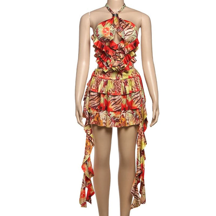 Hollow out halter self tie ruffle print cut out mini dress  | Festival Outfits Women