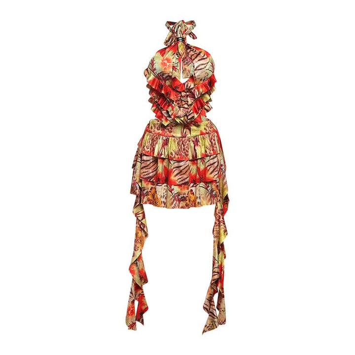 Hollow out halter self tie ruffle print cut out mini dress  | Festival Outfits Women