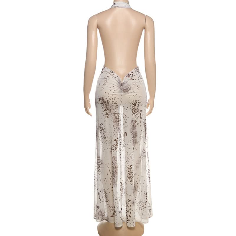 Ruched slit print halter mesh maxi dress  | Festival Outfits Women-final-sale