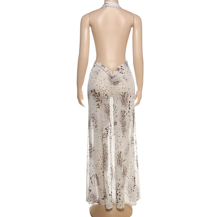 Ruched slit print halter mesh maxi dress  | Festival Outfits Women-final-sale