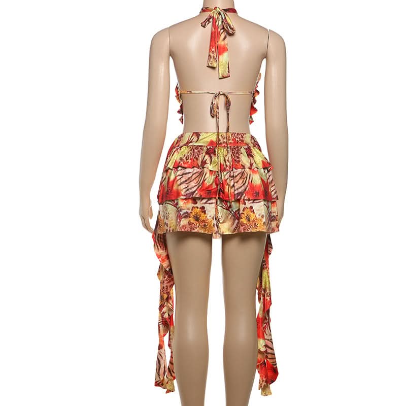 Hollow out halter self tie ruffle print cut out mini dress  | Festival Outfits Women