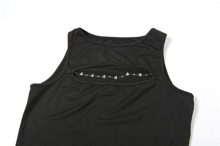 Crewneck hollow out metal chain solid cut out top  | Festival Outfits Women